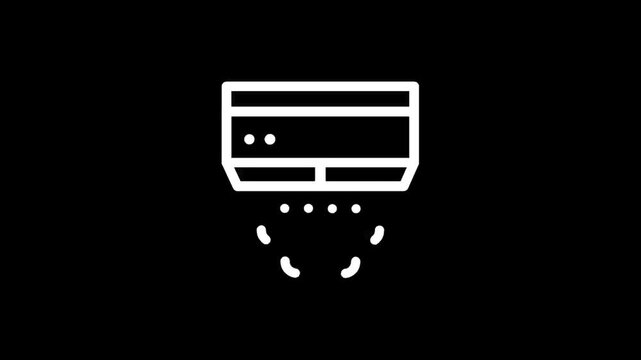 Clean white line icon of an air conditioner unit blowing cool air on a black background