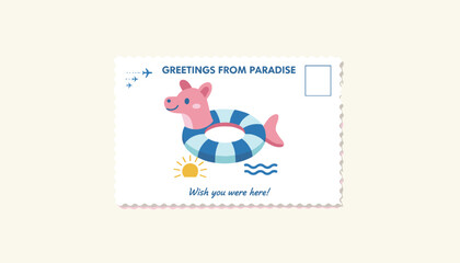 Fototapeta premium Vintage tropical resort postcard design showing cute sea creature on an inflatable ring wishing you were here.