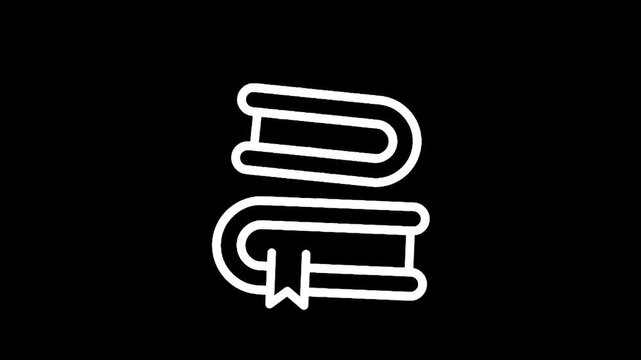 Simple white outline of two stacked books with a bookmark on a black background