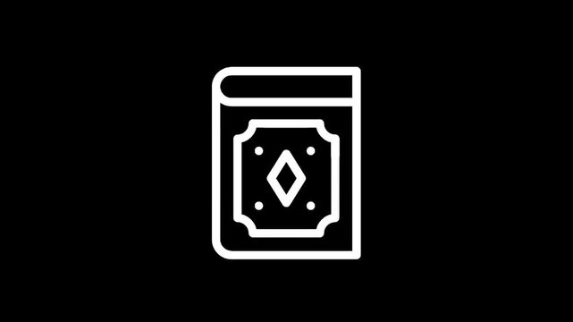 Ancient book with ornate cover and diamond symbol, minimalist white outline icon
