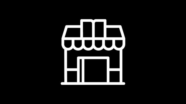 Simple white line art icon of a storefront with double doors and awning