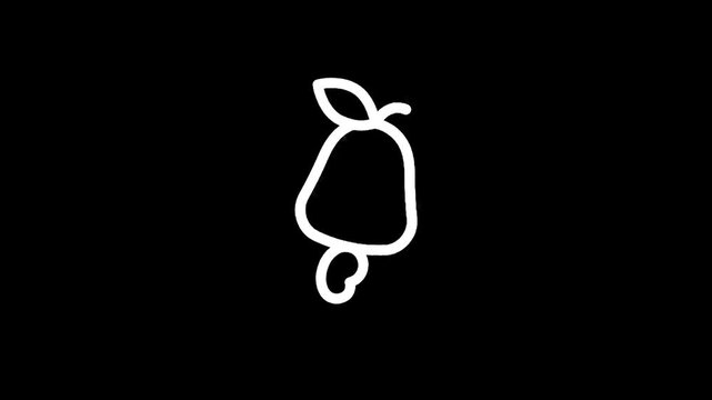 Simple white outline drawing of a cashew nut with its apple on a black background