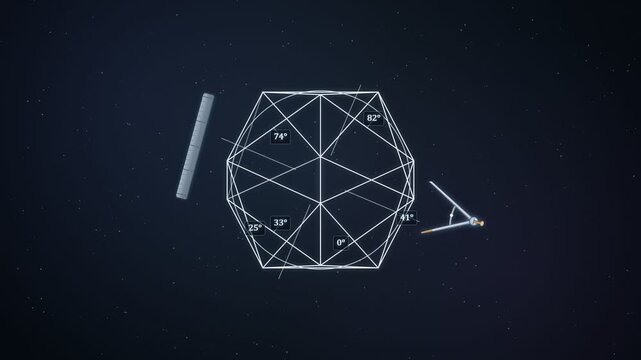 3D Wireframe Icosahedron Geometry Blueprint with Compass and Ruler in Space