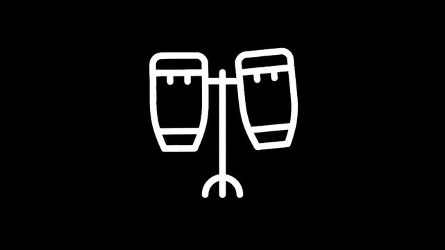 Simple white line art icon of bongo drums on a black background