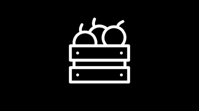 Simple line art icon of a wooden crate filled with fresh apples on a black background