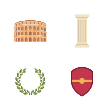 Ancient history featuring the roman colosseum, a tall stone pillar, a green laurel wreath, and a red shield with a cross on white background