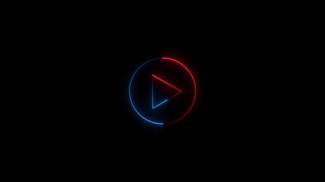 Neon glowing Play button animation on black background. Play button icon neon animation. Music play button icon animation.