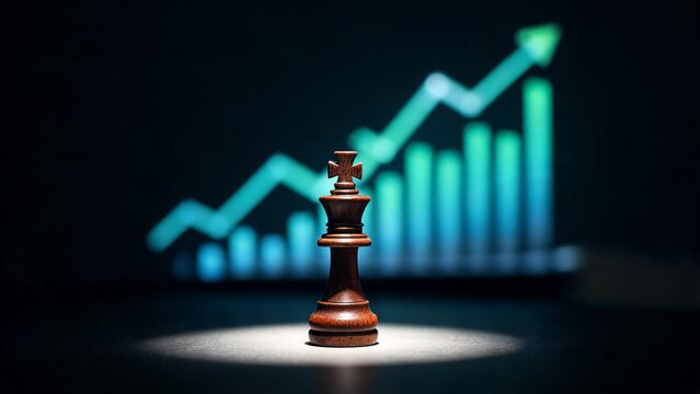 Chess king piece business chart rising graph dark spotlight 
leadership strategy success commercial business concept