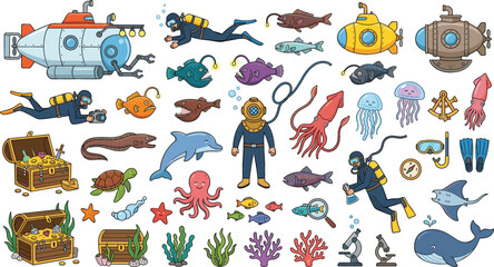 Obraz premium Deep Sea Ocean Exploration Vector Set with Submarine Scuba Diver Marine Animals Treasure Chest Illustrations for Children Designs