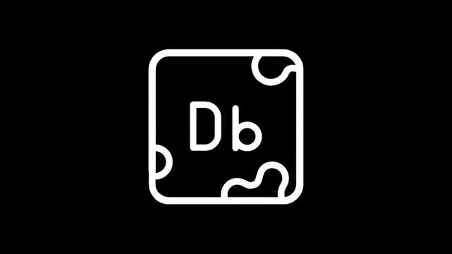 Periodic table element symbol Db with atomic number 105 in a clean white outline on black