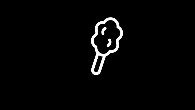 Simple white line art icon of cotton candy on a stick against a black background