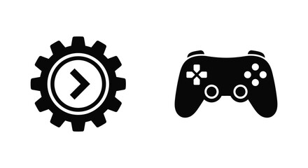 Gear icon with play symbol and gamepad silhouette on white background © Yeasmin