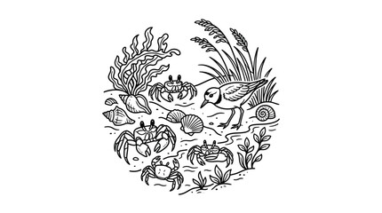 Obraz premium Corporate Minimalist Black and White Featuring Bird Marine Life and Coastal Plants for Eco Friendly Branding