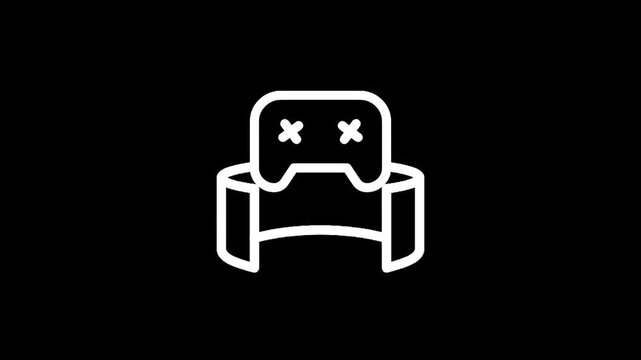 Minimalist white outline icon of a game controller on a stand against a black background