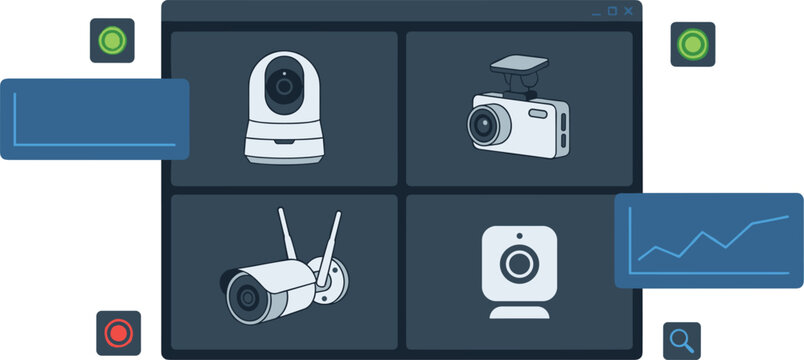 Security Camera Control Panel Interface with Multi Screen CCTV Monitoring Dashboard Smart Home Video Surveillance System Concept Vector Design