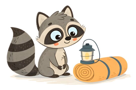Cartoon raccoon sitting with lantern and sleeping bag