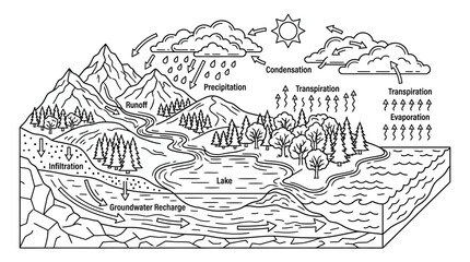 Fototapeta premium Sleek Black and White Diagram of the Hydrological Cycle Featuring Mountains Forests Lakes and Key Processes
