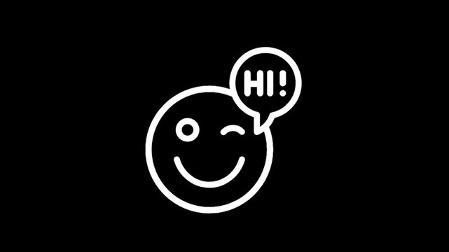 Friendly smiley face icon with a speech bubble saying HI! on a black background