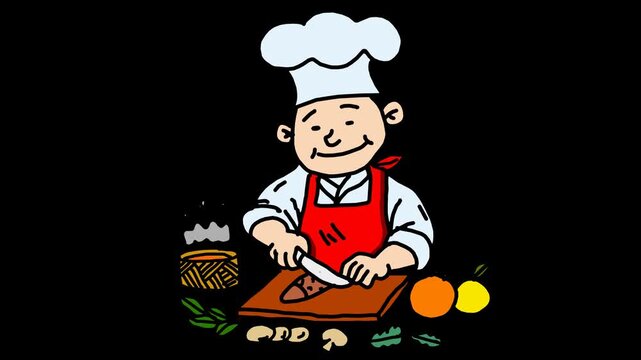 animated cartoon of a chef cooking happily