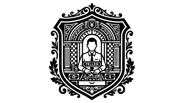 Ornate bank teller crest in decorative architectural frame.