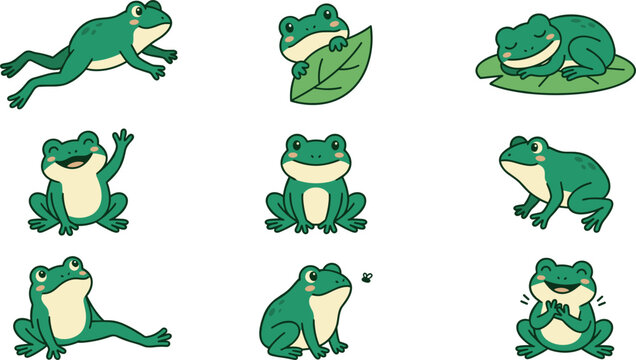 Cute Green Frog Character Emoticon Sticker Set Featuring Various Poses and Actions Like Jumping, Waving, Sleeping, and Smiling Vector Graphic