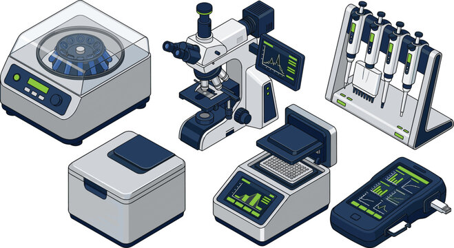 Isometric Laboratory Equipment Set with Microscope Centrifuge PCR Analyzer and Scientific Diagnostic Instruments