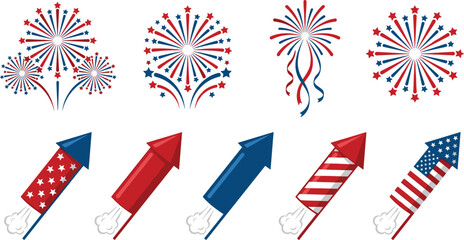 Fototapeta premium Patriotic fireworks and rocket set vector illustration for July 4th Independence Day celebration and New Year festival designs