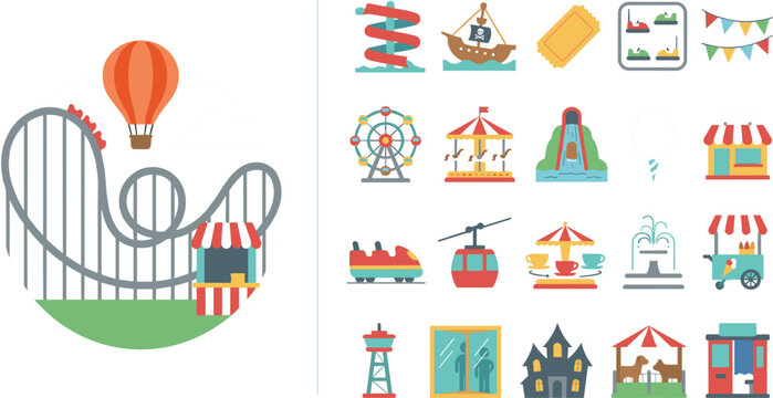 Theme Park and Carnival Attractions Icon Set with Roller Coaster Ferris Wheel Haunted House and Fairground Entertainment Elements Vector Illustration