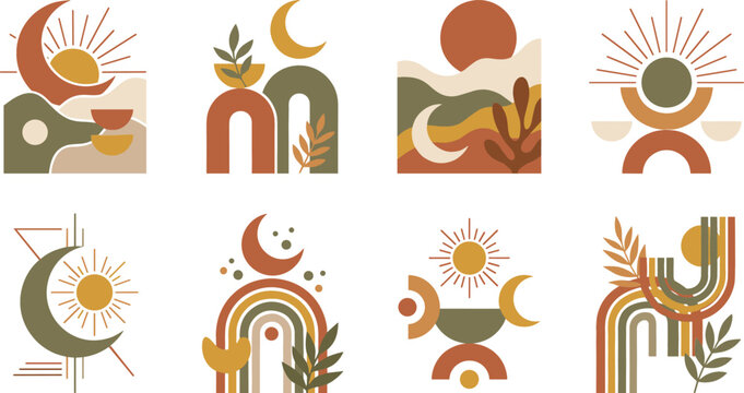 Boho Abstract Celestial Vector Set with Sun Moon Rainbow and Botanical Arch Elements for Modern Graphic Wall Art Designs