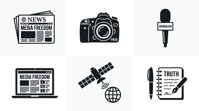 Journalism and media freedom icon set featuring a newspaper, camera, microphone, laptop, satellite, and notepad with truth text on a white background.