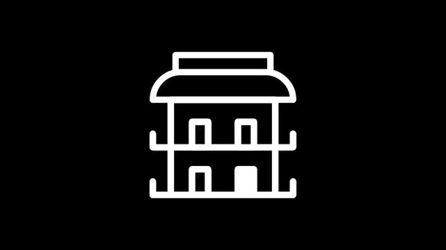 Minimalist white icon of a two-story building with a rounded roof and balconies