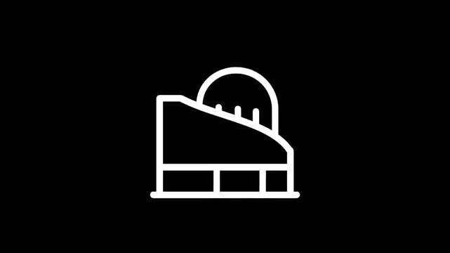 Simple white line art icon of a roller coaster on a black background