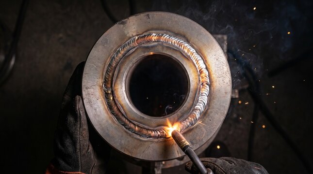 Skilled welder expertly fuses metal parts, creating a flawless weld bead on a circular component. Close-up of industrial craftsmanship with bright sparks and smoke.