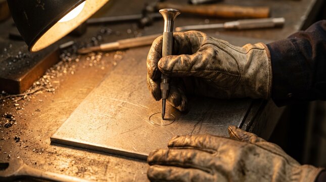 Detailed close-up of a metalworker's gloved hands meticulously using a precision marking tool on a metal sheet in a workshop, under a focused lamp.