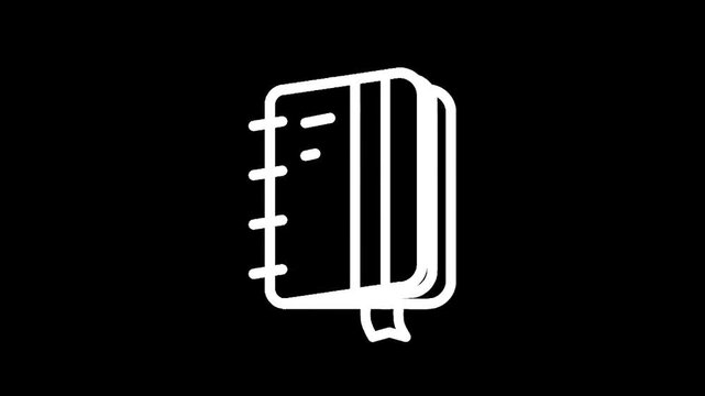 Simple white line art icon of an open notebook with a bookmark