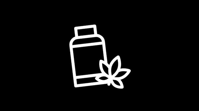 White line art icon of a cannabis oil bottle with a leaf symbol on a black background