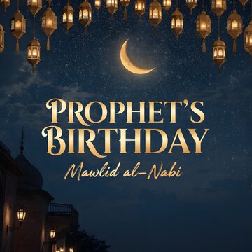 Prophet's Birthday Mawlid al-Nabi Islamic Celebration Background with Golden Typography, Crescent Moon, and Hanging Lanterns