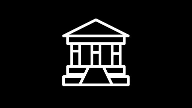 Simple white line art icon of a classical building with columns and a pediment on a black background