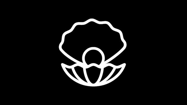 Simple white line art icon of an open oyster shell with a pearl inside on black background