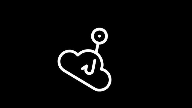 Abstract white line art of a cloud with a hook and a checkmark inside on black background