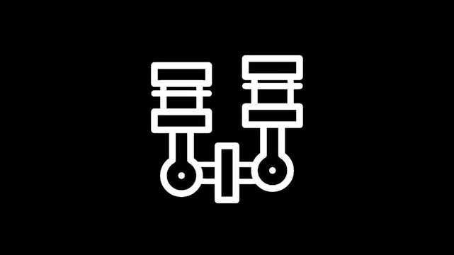 Simple white line icon of a V-twin engine on a black background