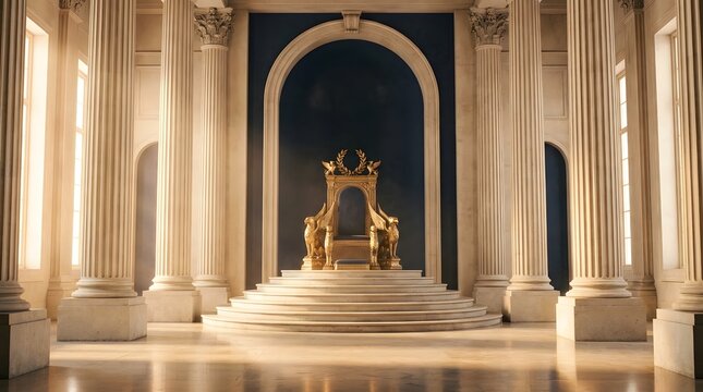 Grand majestic throne room with towering marble columns and a golden seat inside an ancient palace hall