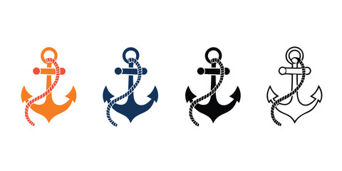 Collection of four anchor symbols with rope including full color orange and blue solid black silhouette and outline graphic variations for maritime design © Sadhin07