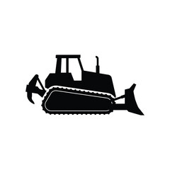 A black silhouette of a bulldozer with a front blade and claw set against white silhouette construction heavy equipment © Bsicon02