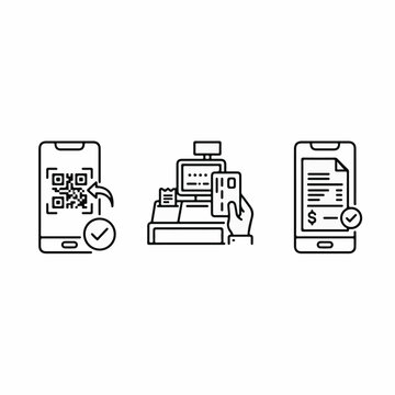 Digital payment icon set, mobile QR code scanning and credit card checkout, electronic receipt on smartphone screen, linear vector illustrations