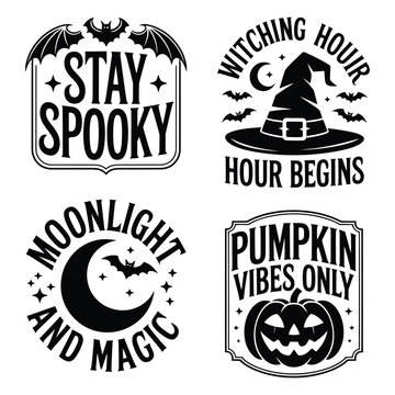 Collection of four Halloween themed graphic designs with text and spooky illustrations