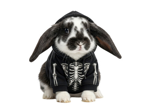 Cute black and white bunny in a skeleton hoodie isolated on transparent background for spooky themes.