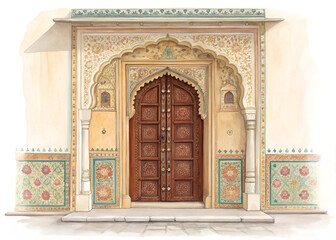 Obraz premium Traditional Jaipur palace door framed by carved sandstone arch, luxurious watercolor painting, rich jewel tones, delicate brushwork