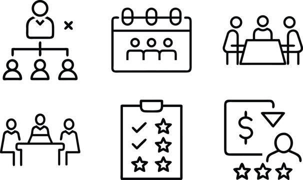 Professional human resources and corporate meeting icon set including team leadership management structure and performance review evaluation symbols.