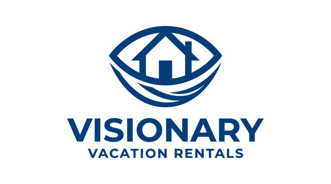 Eye shape with house and wave vacation rental logo.